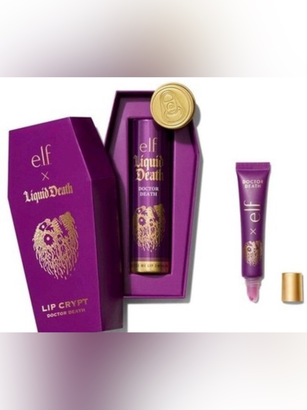 Elf x Liquid Death Lip Crypt Lip-balm/gloss Doctor Death NWT